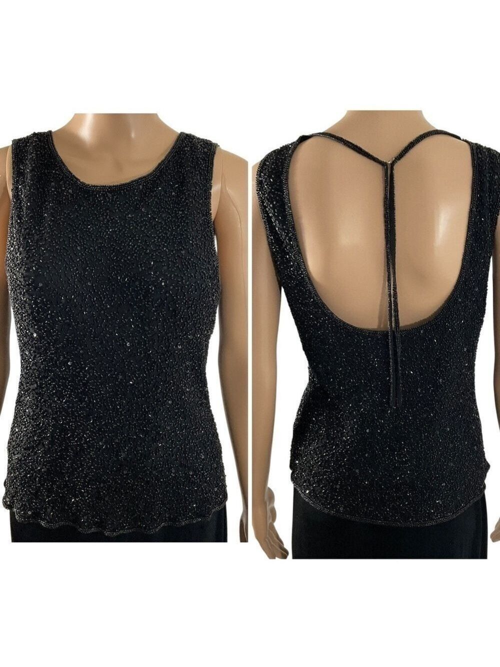 Vintage Scala Black Beaded Sequins Sleeveless Silk Top Size Large